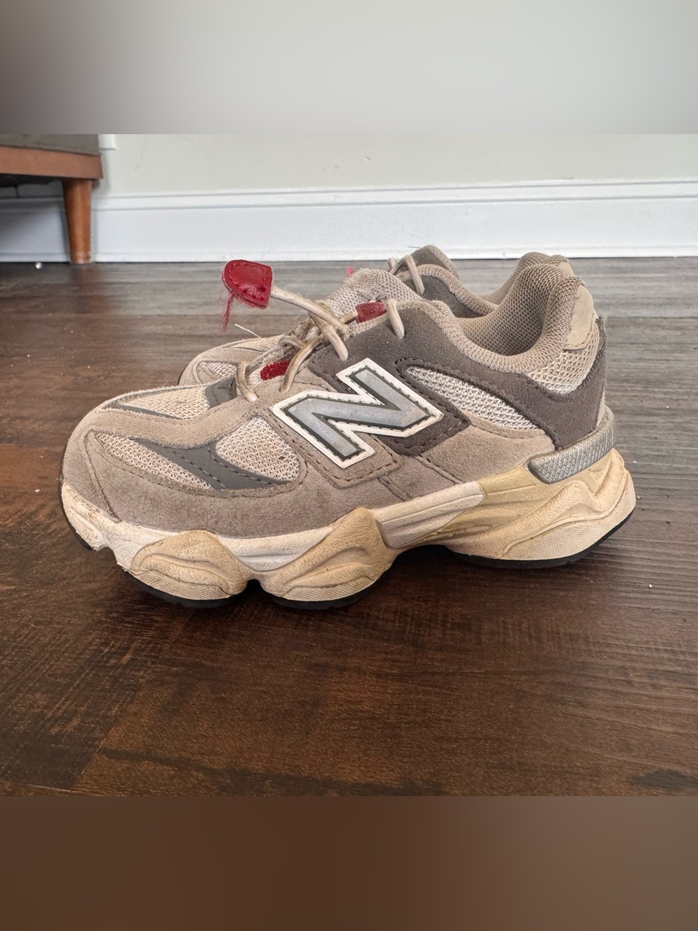 New Balance 9060 Taupe and Cream Athletic toddler Sneakers with Red Accent